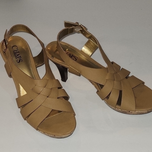 Chaps Mavery Multi-Strapped Tan 3" Heeled Cork Trim Slingback Sandals Size 8.5 - Picture 11 of 13